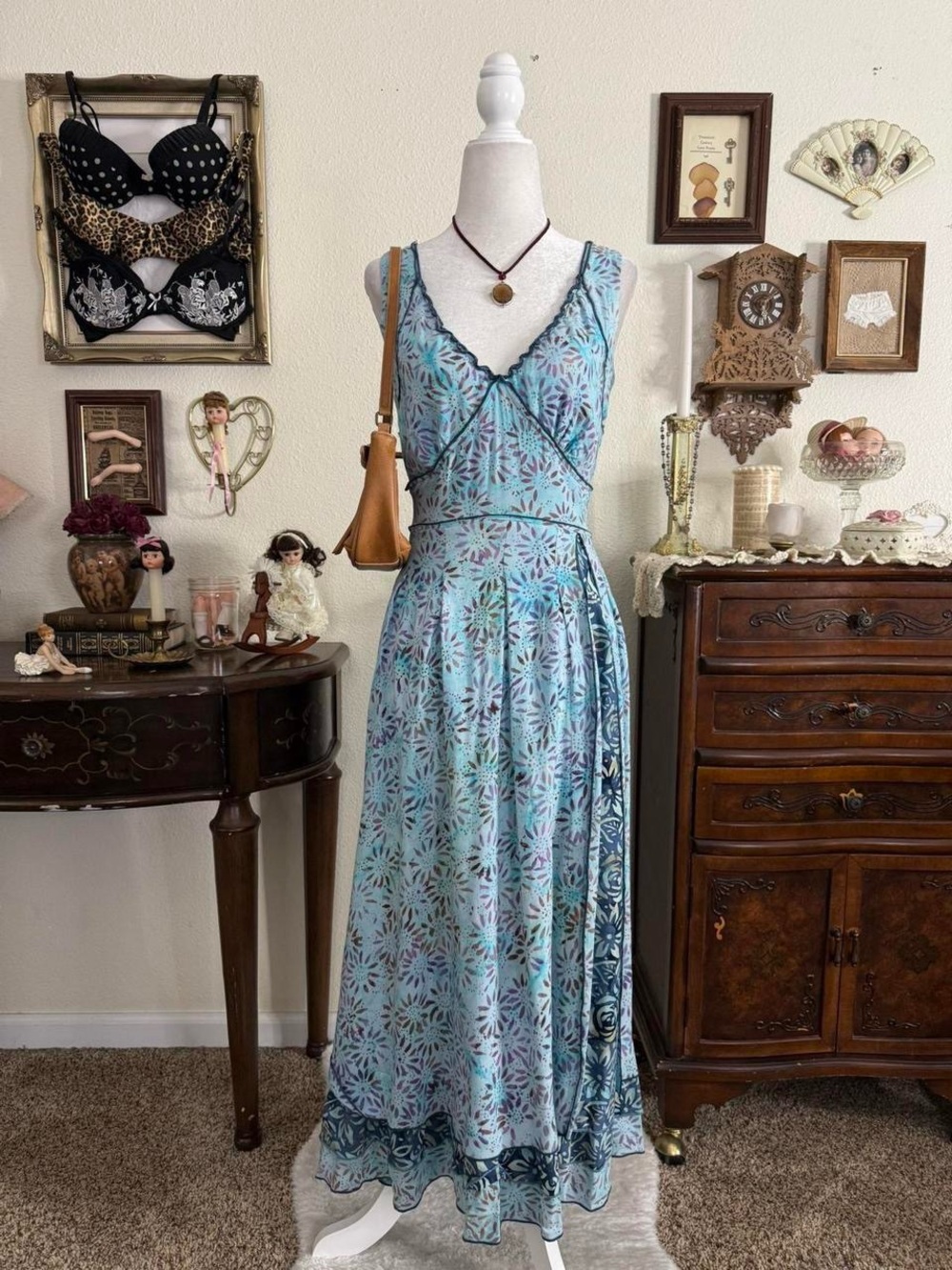 Y2k whimsical fairy grunge boho patchwork aqua blue floral maxi dress